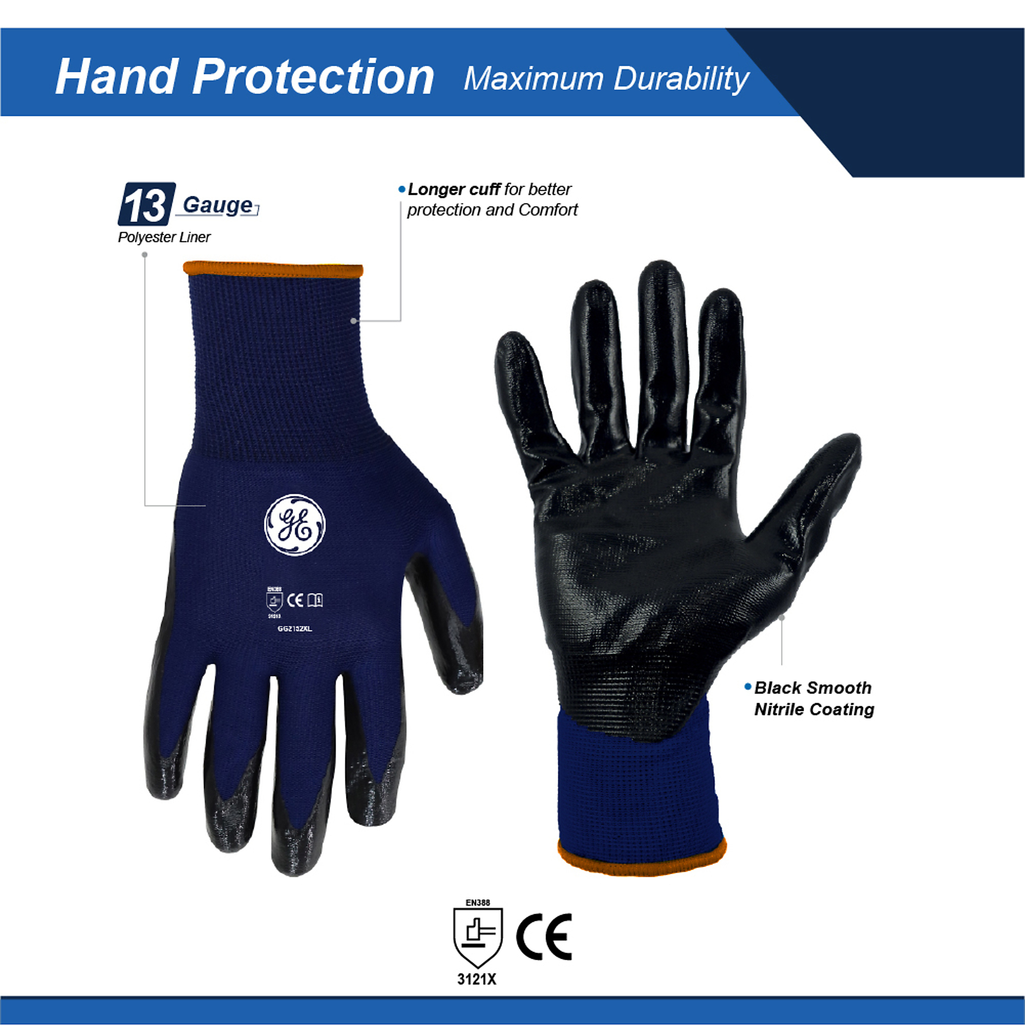 General Electric Nitrille Dipped Gloves, Black/Blue 13 GA, 1Pair XL